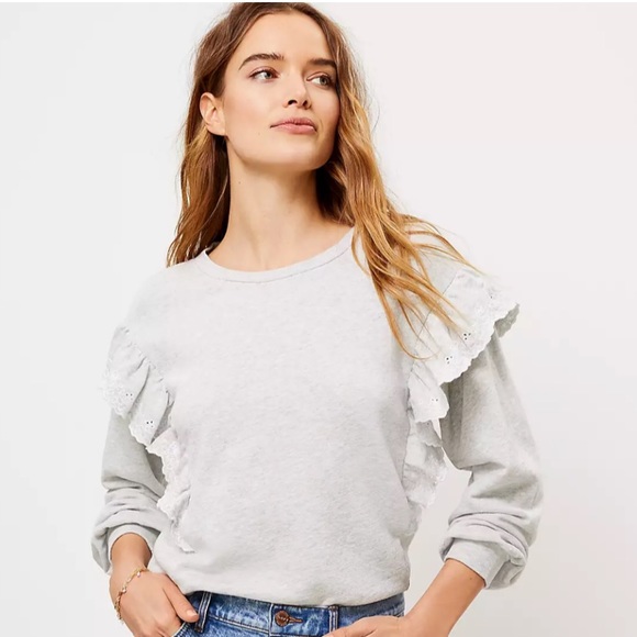 LOFT Tops - Loft Embroidered Ruffle Sleeve Sweatshirt Top S